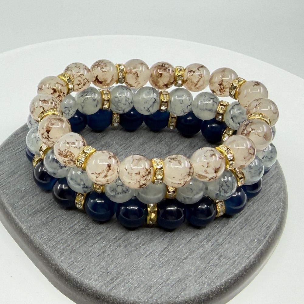 Beaded Bracelet Set Blue Gray Agate Rhinestone Stackable Layering Bohemian